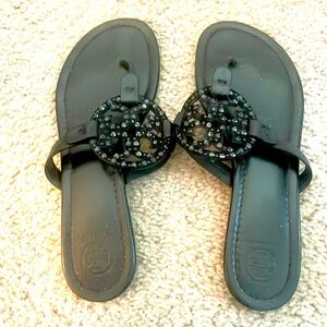 Tory Burch black leather sandals embellished with black beads! Never worn!